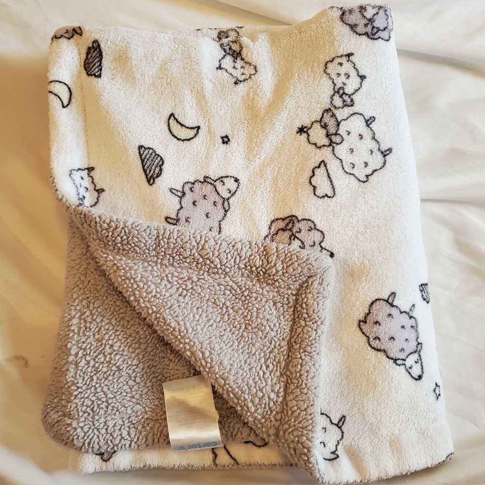 Carters‎ Baby Blanket Sheep Moon Star Plush Sherpa Reversible Cream Grey 30x40
